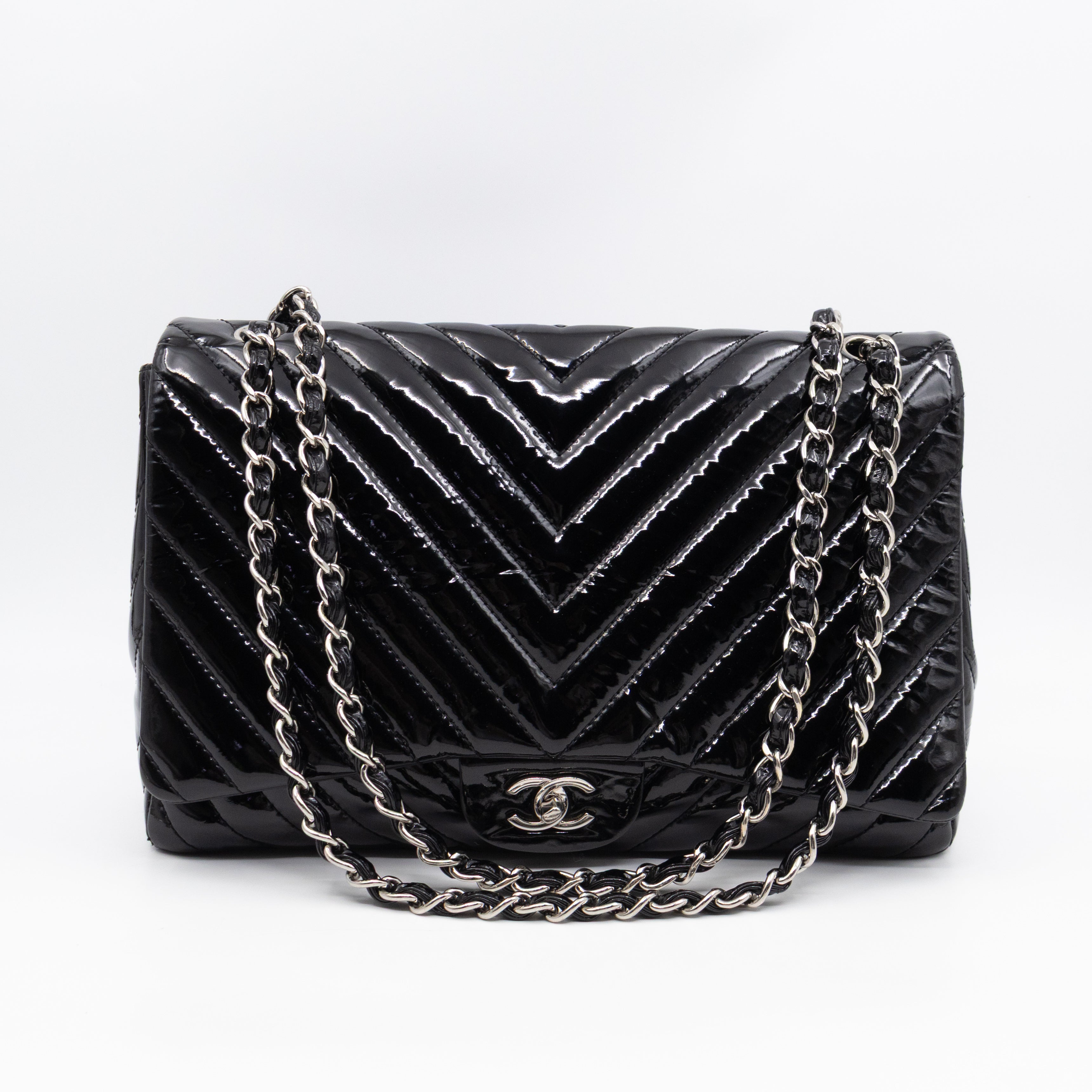 Classic Single Flap Maxi Black Chevron Patent Silver