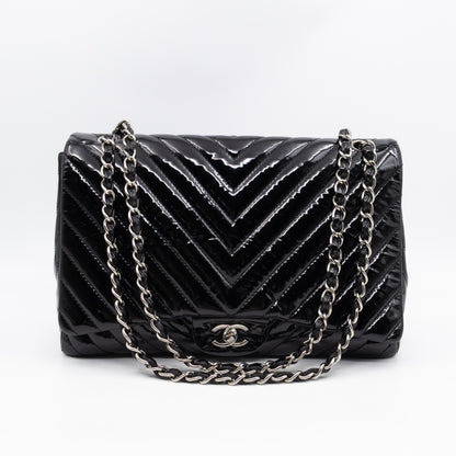Classic Single Flap Maxi Black Chevron Patent Silver