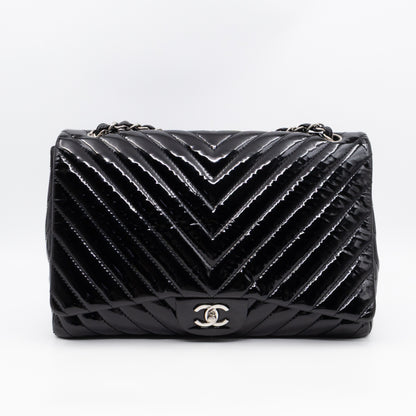 Classic Single Flap Maxi Black Chevron Patent Silver