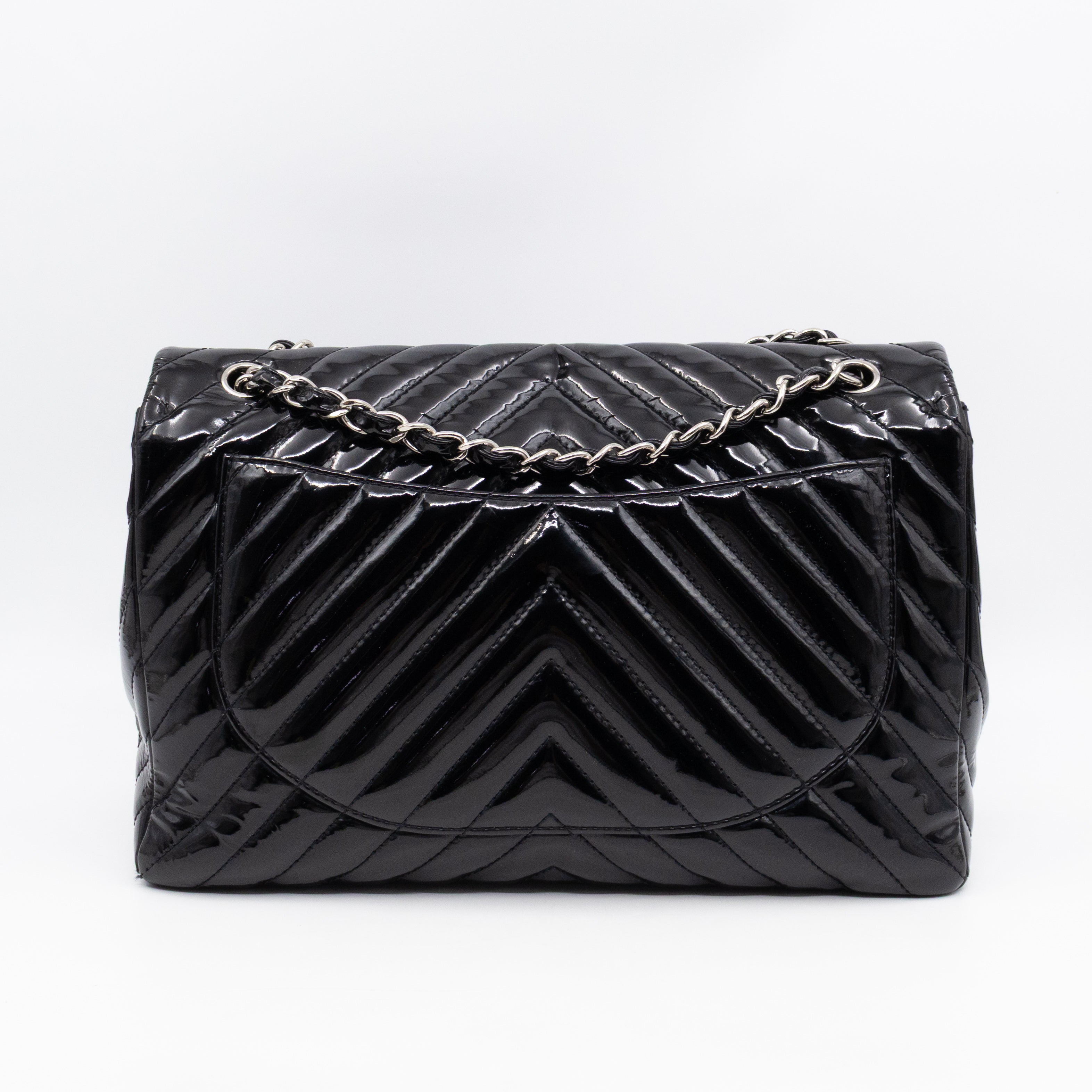 Classic Single Flap Maxi Black Chevron Patent Silver