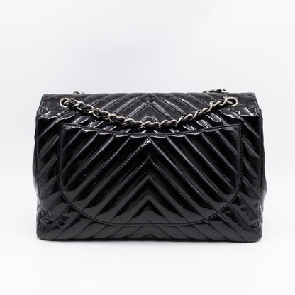 Classic Single Flap Maxi Black Chevron Patent Silver