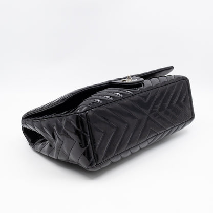 Classic Single Flap Maxi Black Chevron Patent Silver