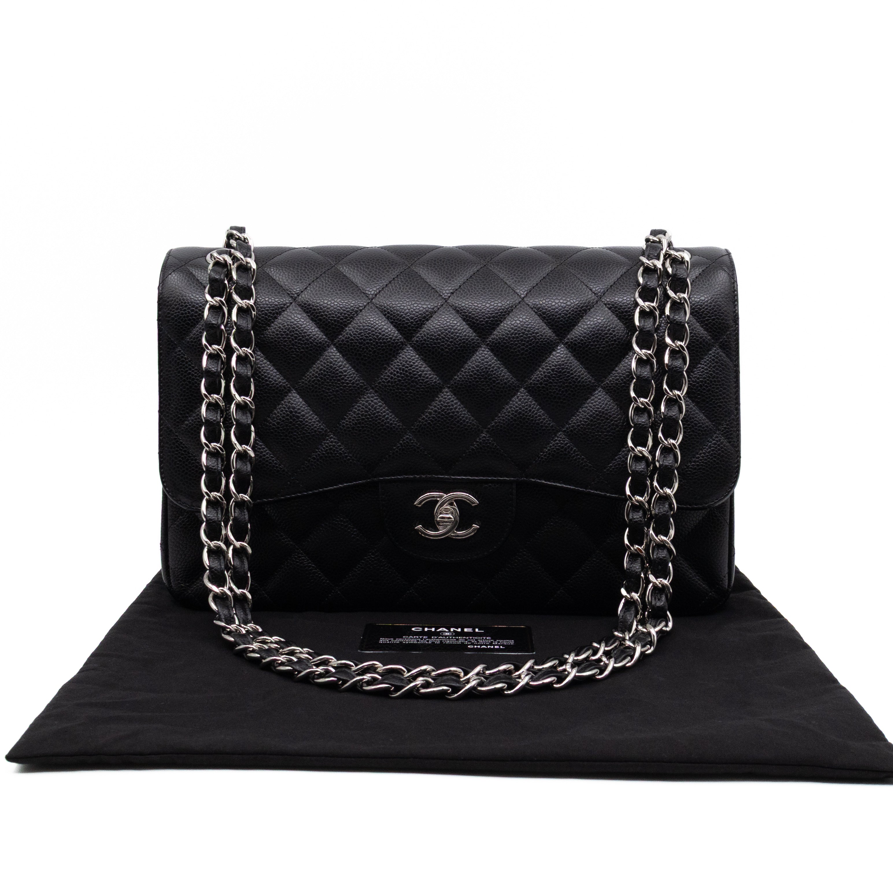 Classic Double Flap Jumbo Black Caviarskin Leather Silver