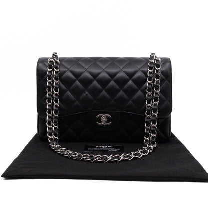 Classic Double Flap Jumbo Black Caviarskin Leather Silver