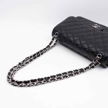 Classic Double Flap Jumbo Black Caviarskin Leather Silver