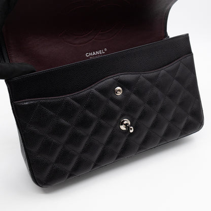 Classic Double Flap Jumbo Black Caviarskin Leather Silver