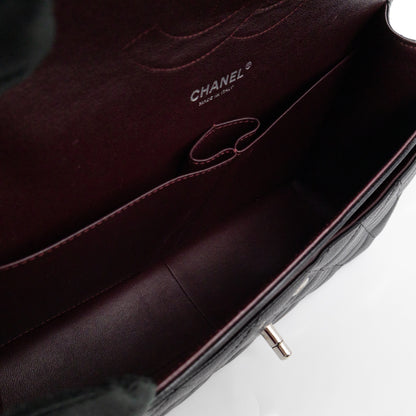 Classic Double Flap Jumbo Black Caviarskin Leather Silver