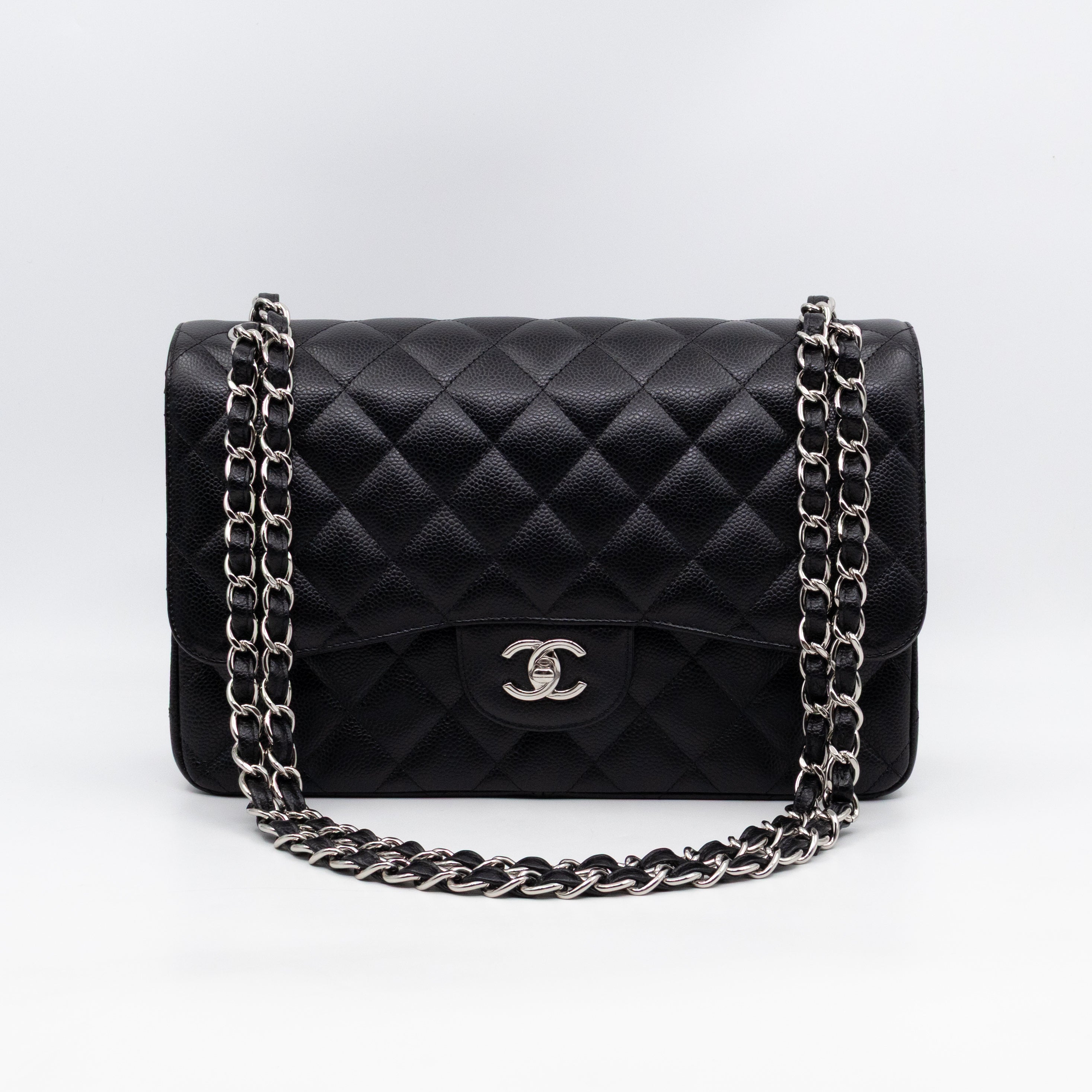 Classic Double Flap Jumbo Black Caviarskin Leather Silver
