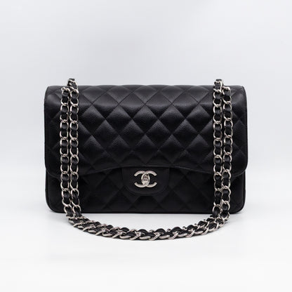 Classic Double Flap Jumbo Black Caviarskin Leather Silver