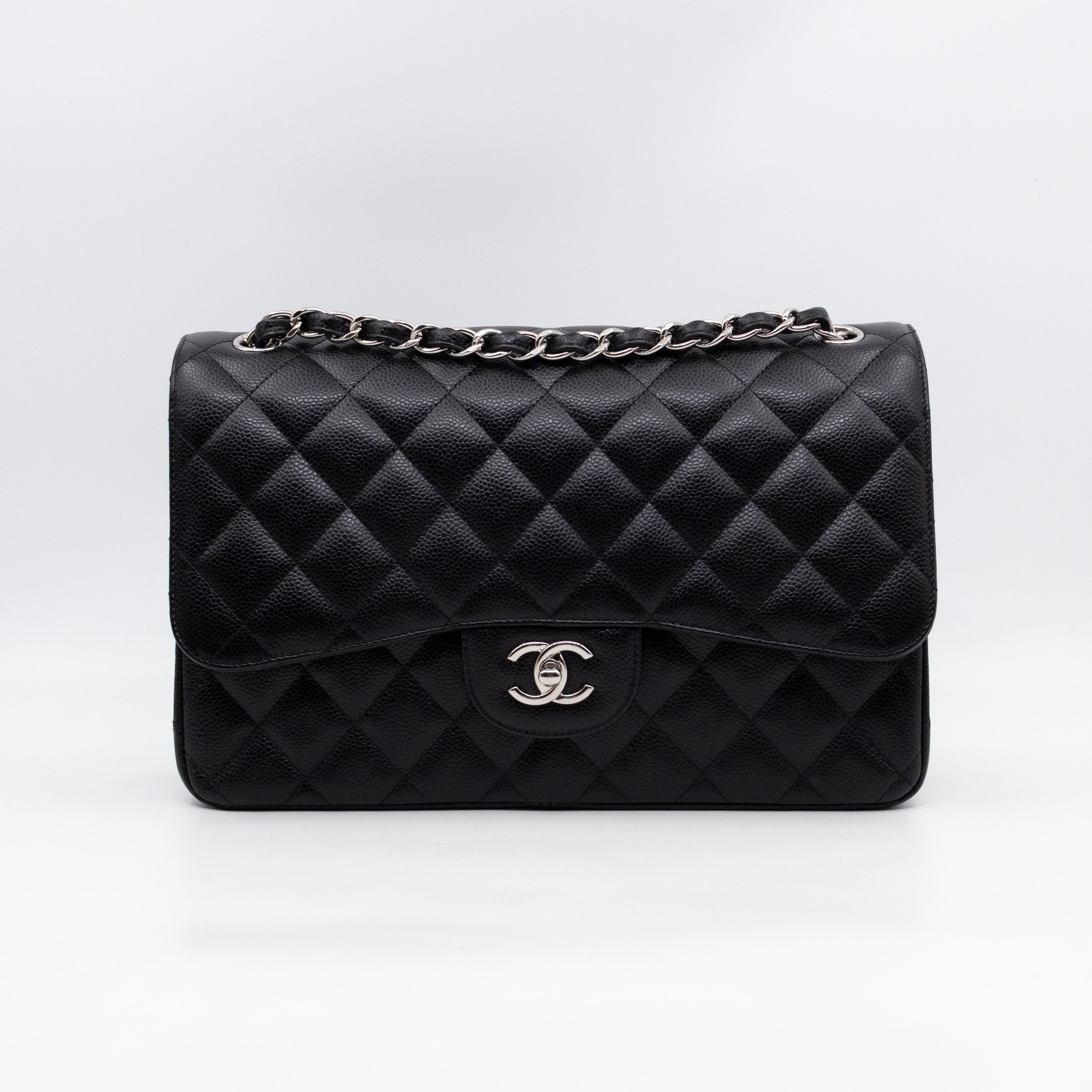Classic Double Flap Jumbo Black Caviarskin Leather Silver