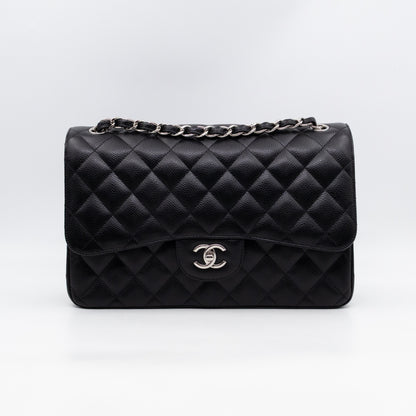 Classic Double Flap Jumbo Black Caviarskin Leather Silver