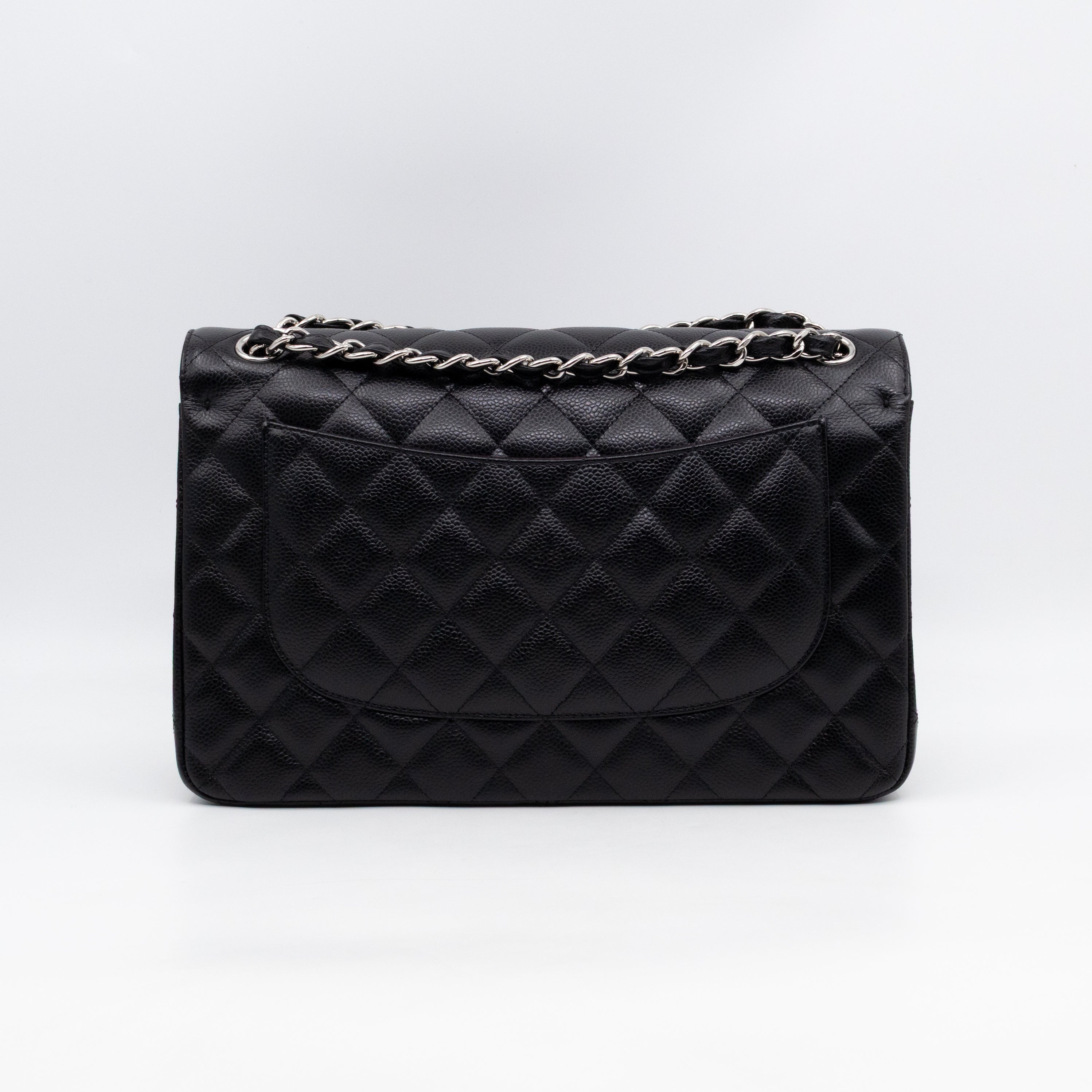 Classic Double Flap Jumbo Black Caviarskin Leather Silver