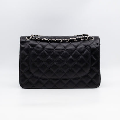 Classic Double Flap Jumbo Black Caviarskin Leather Silver