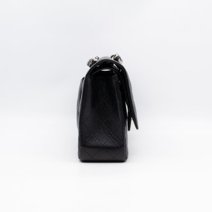 Classic Double Flap Jumbo Black Caviarskin Leather Silver