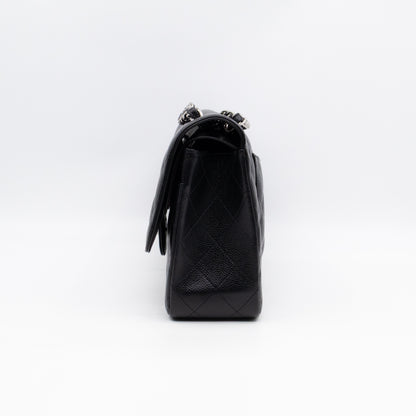 Classic Double Flap Jumbo Black Caviarskin Leather Silver