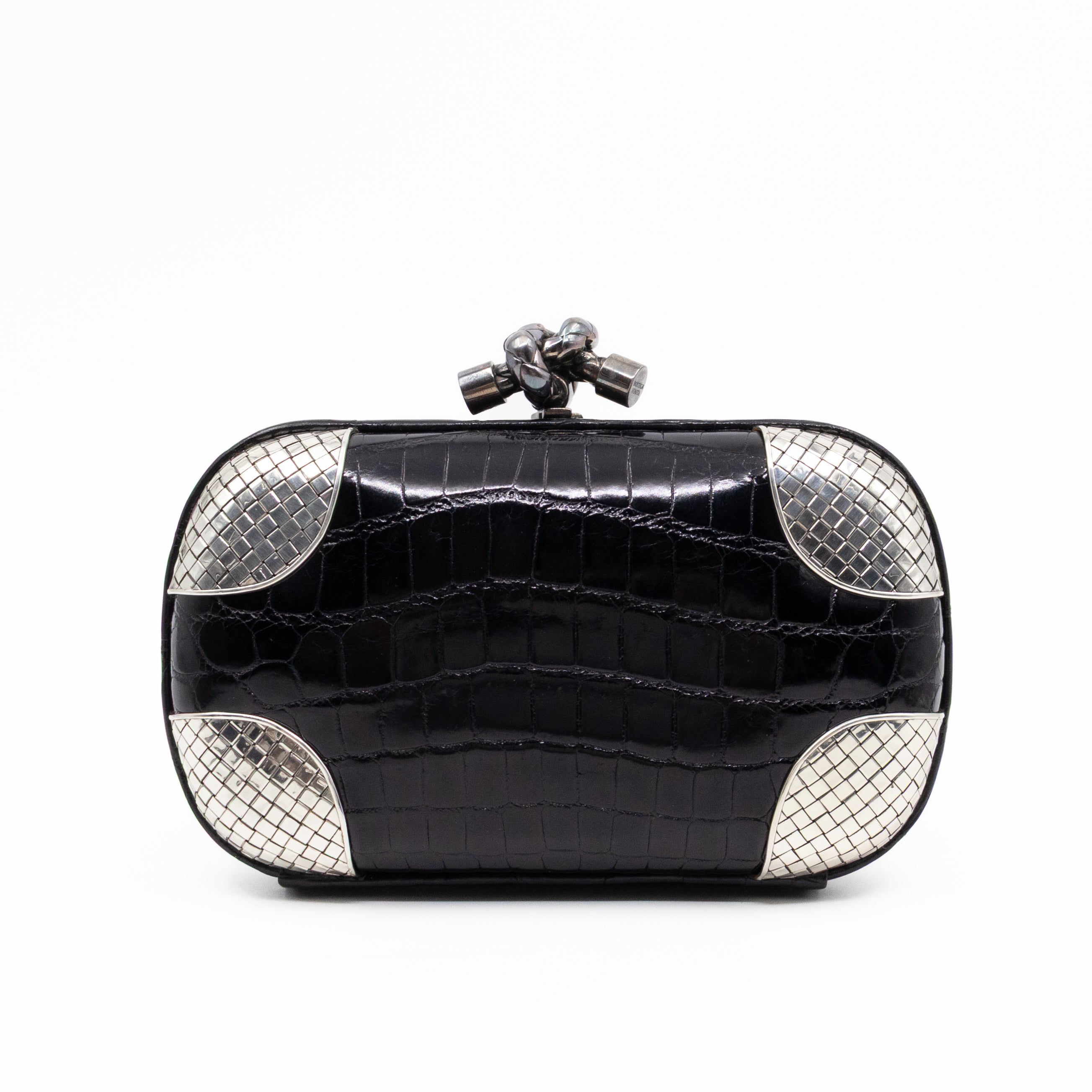 Knot Clutch Black Alligator Leather & Silver