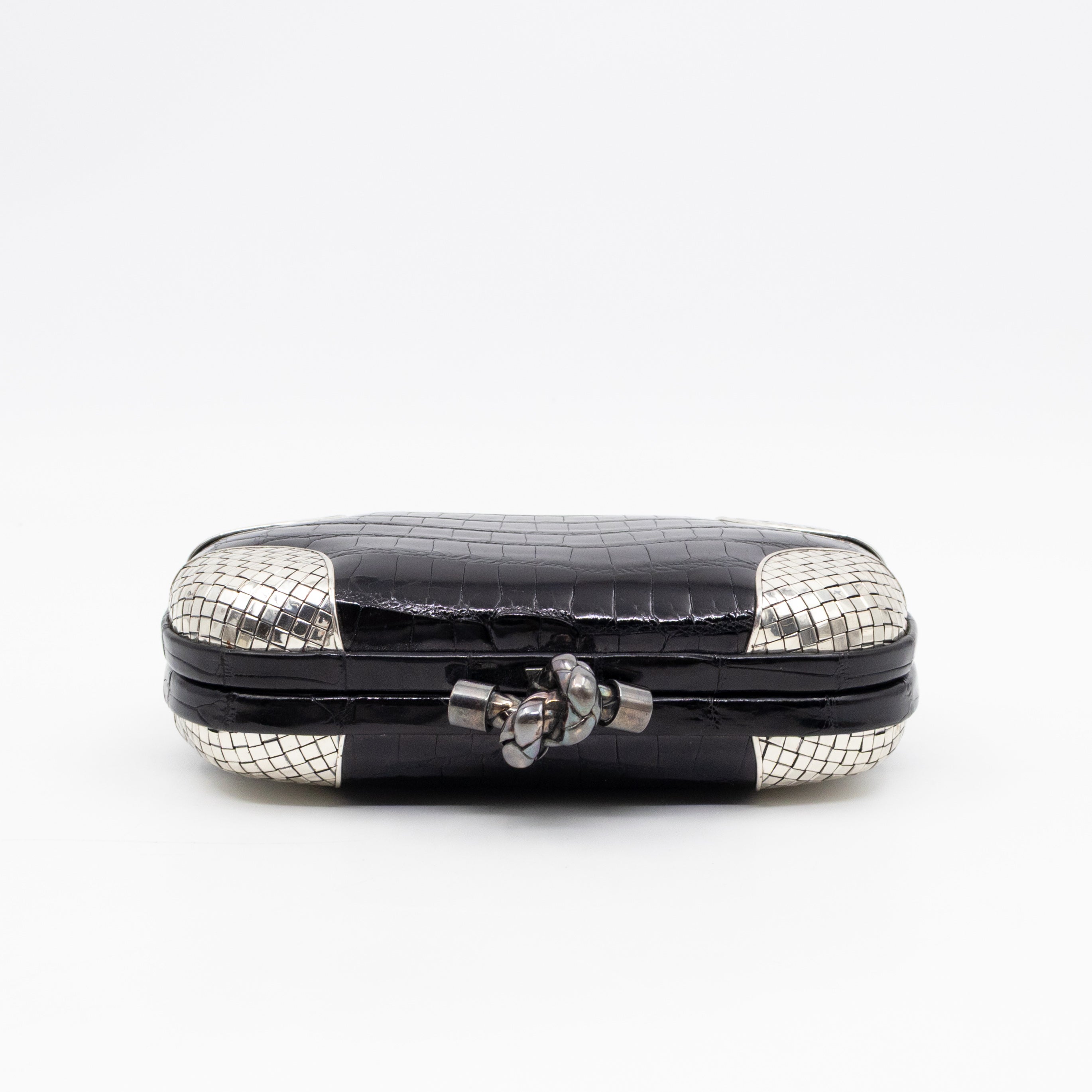 Knot Clutch Black Alligator Leather & Silver