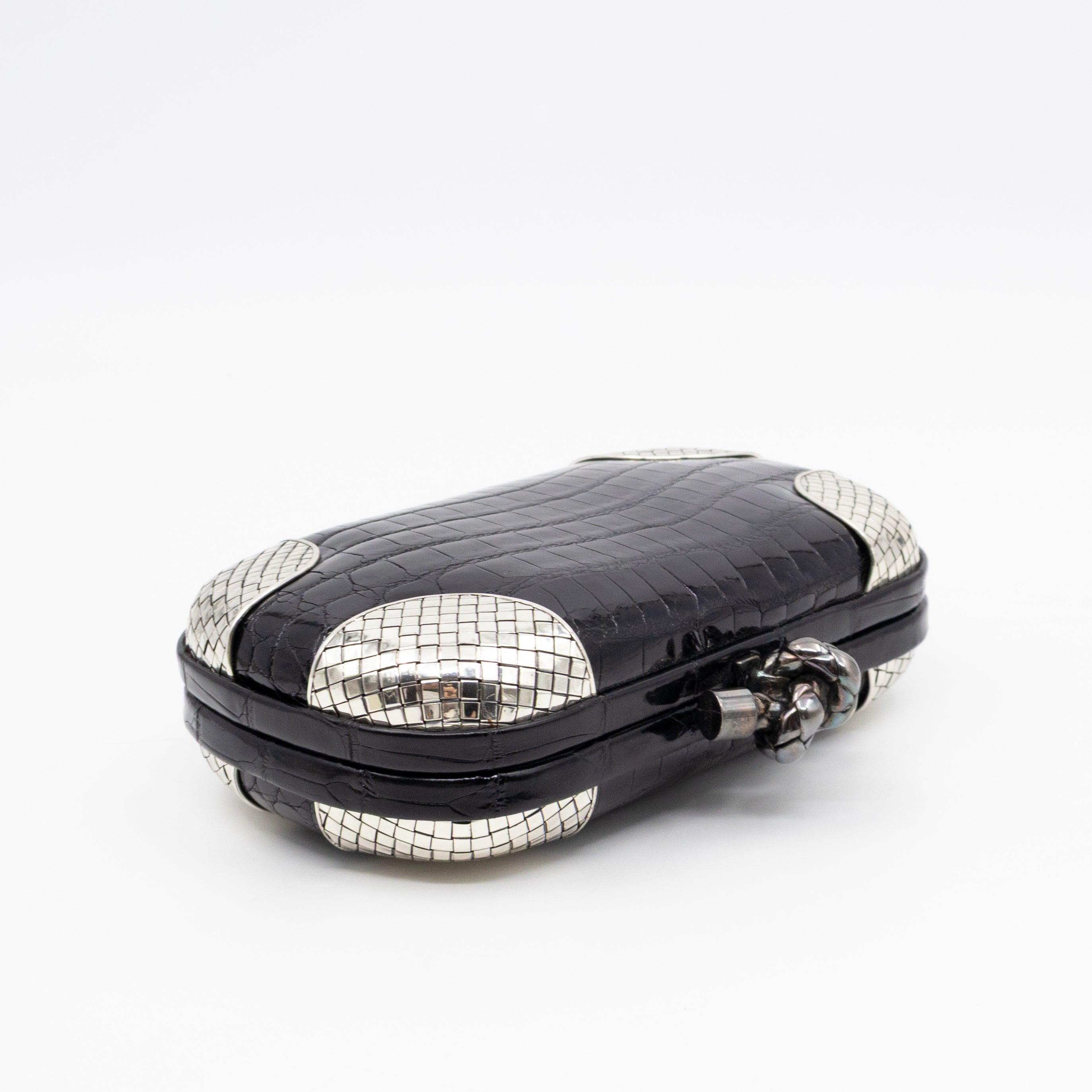 Knot Clutch Black Alligator Leather & Silver