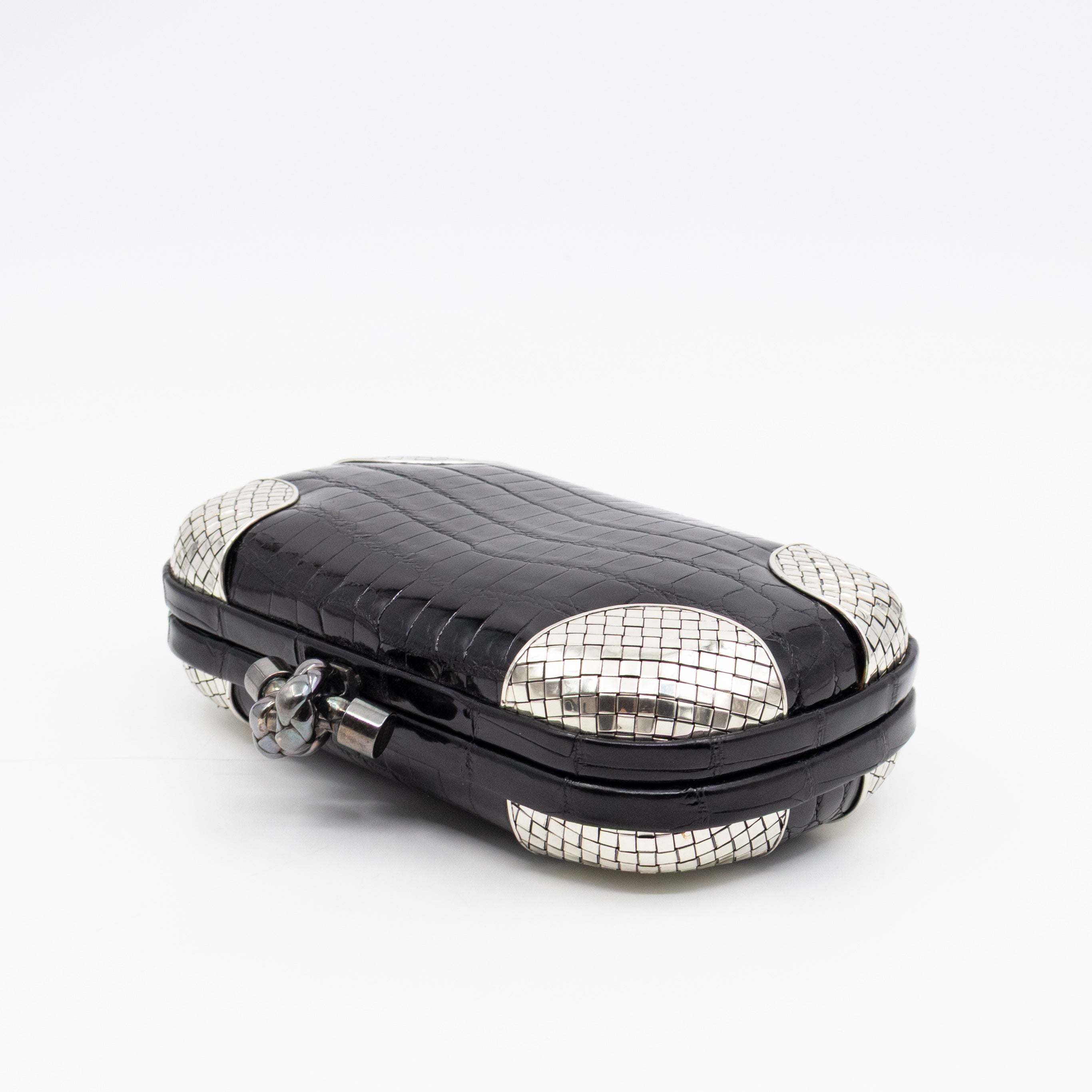 Knot Clutch Black Alligator Leather & Silver