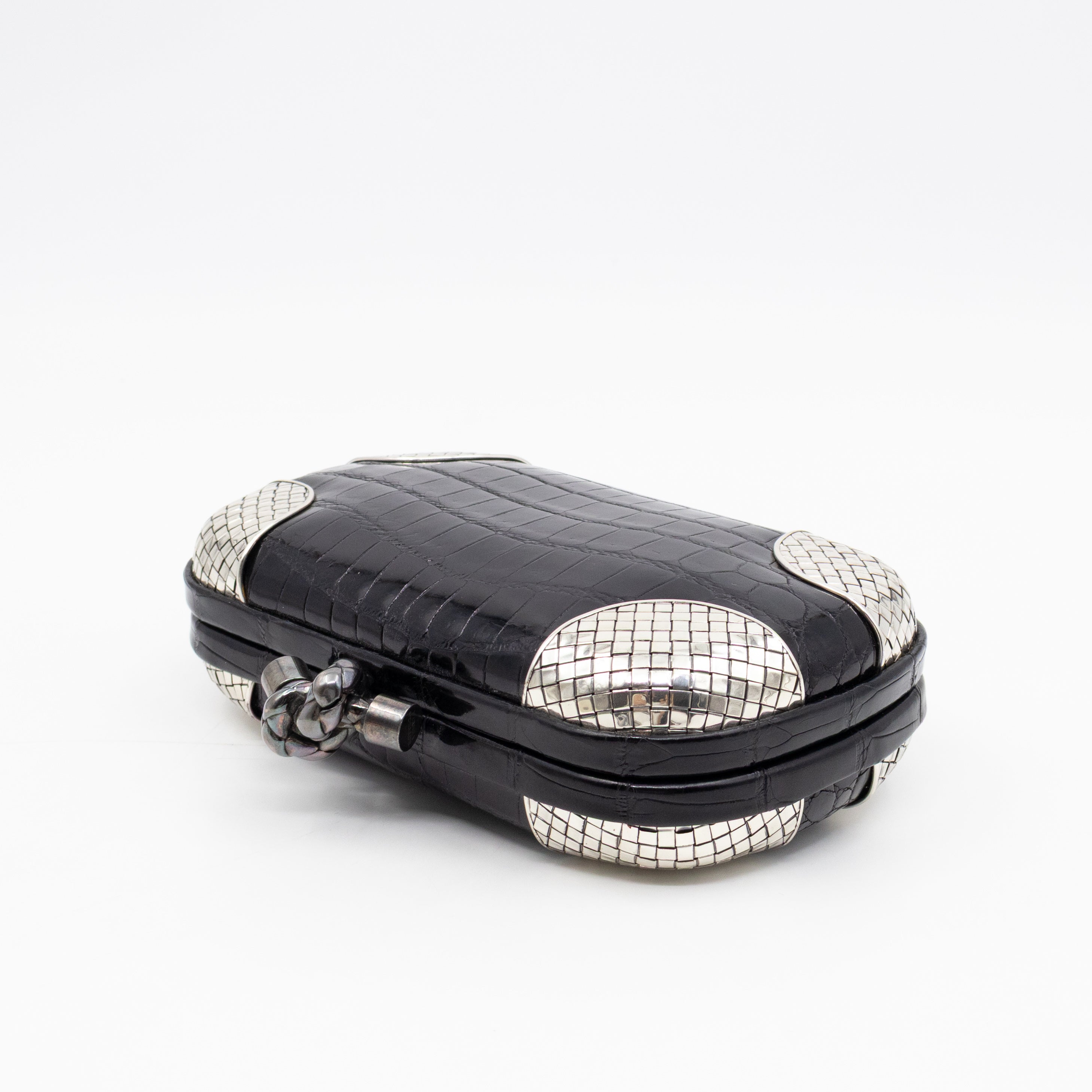 Knot Clutch Black Alligator Leather & Silver