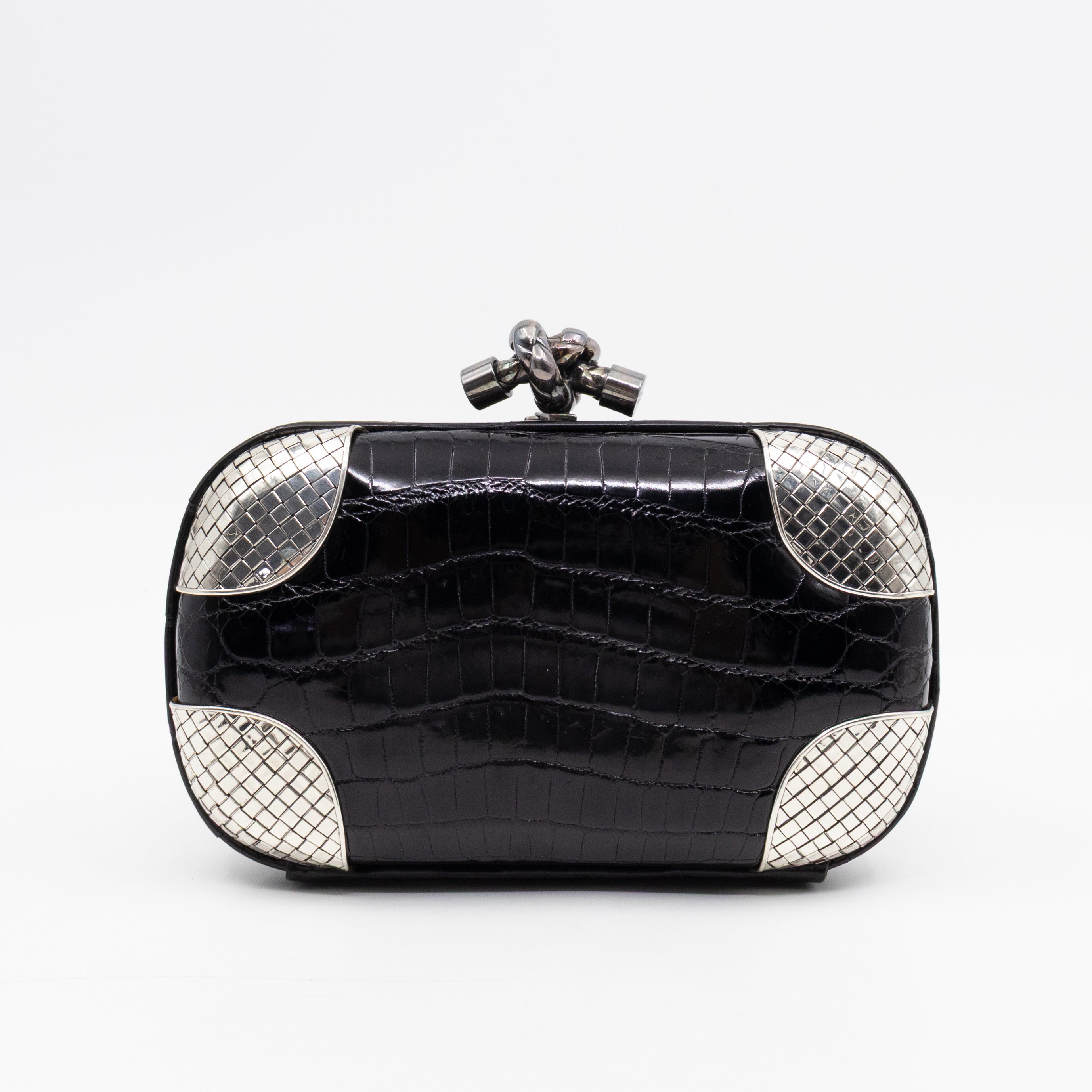 Knot Clutch Black Alligator Leather & Silver