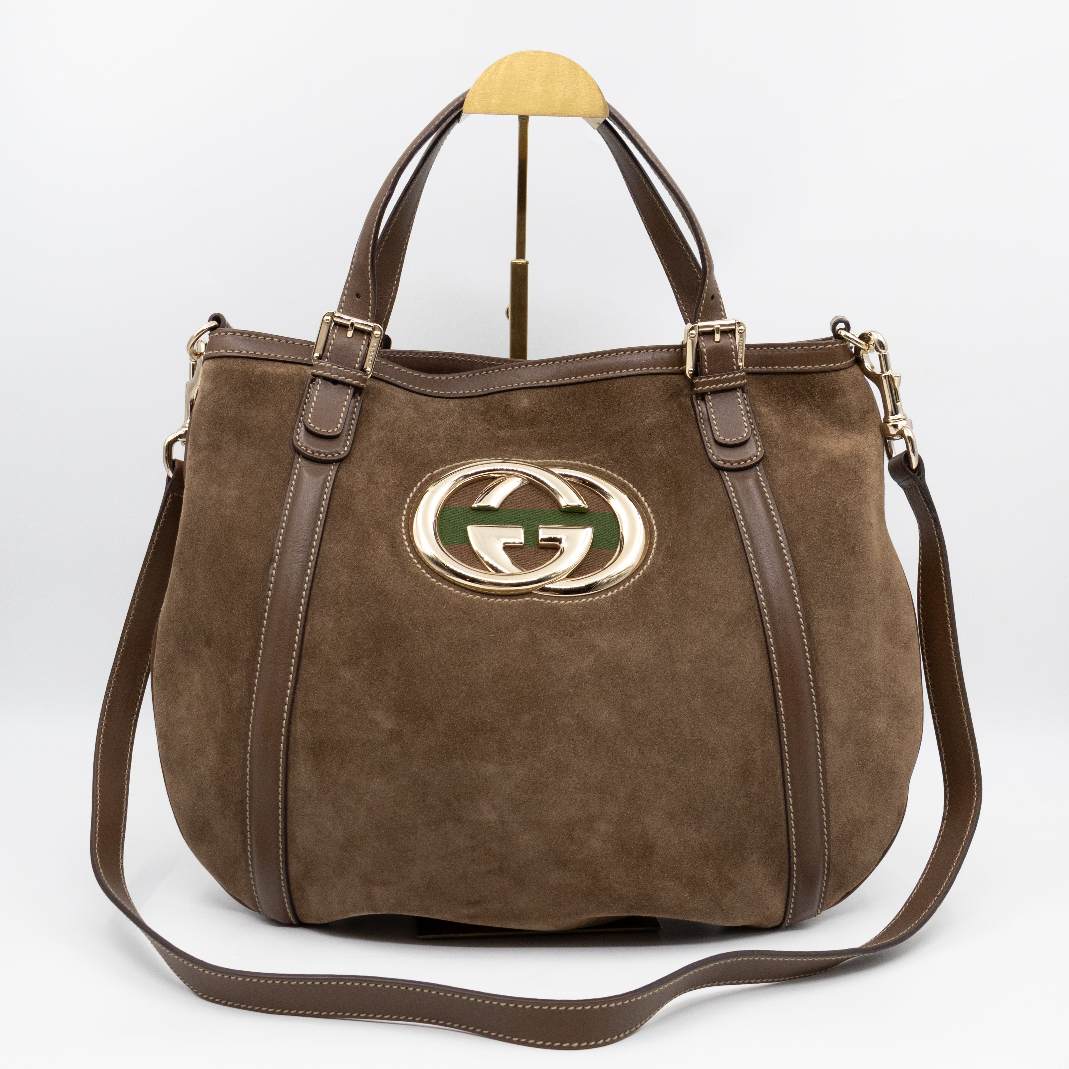 Interlocking G Britt Hobo Bag Brown Suede Leather