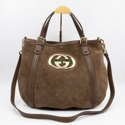 Interlocking G Britt Hobo Bag Brown Suede Leather