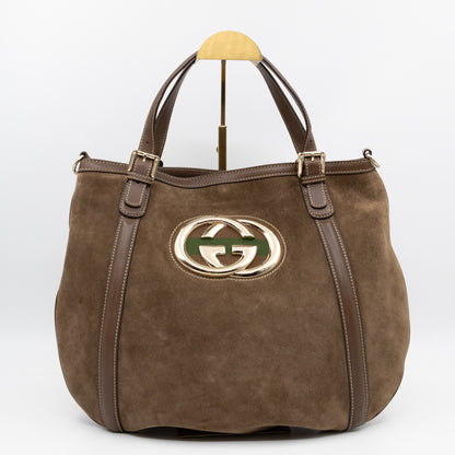 Interlocking G Britt Hobo Bag Brown Suede Leather