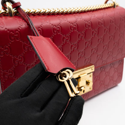 Padlock Flap Bag Medium Hibiscus Red GG Guccissima