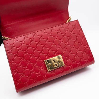 Padlock Flap Bag Medium Hibiscus Red GG Guccissima