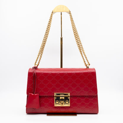 Padlock Flap Bag Medium Hibiscus Red GG Guccissima