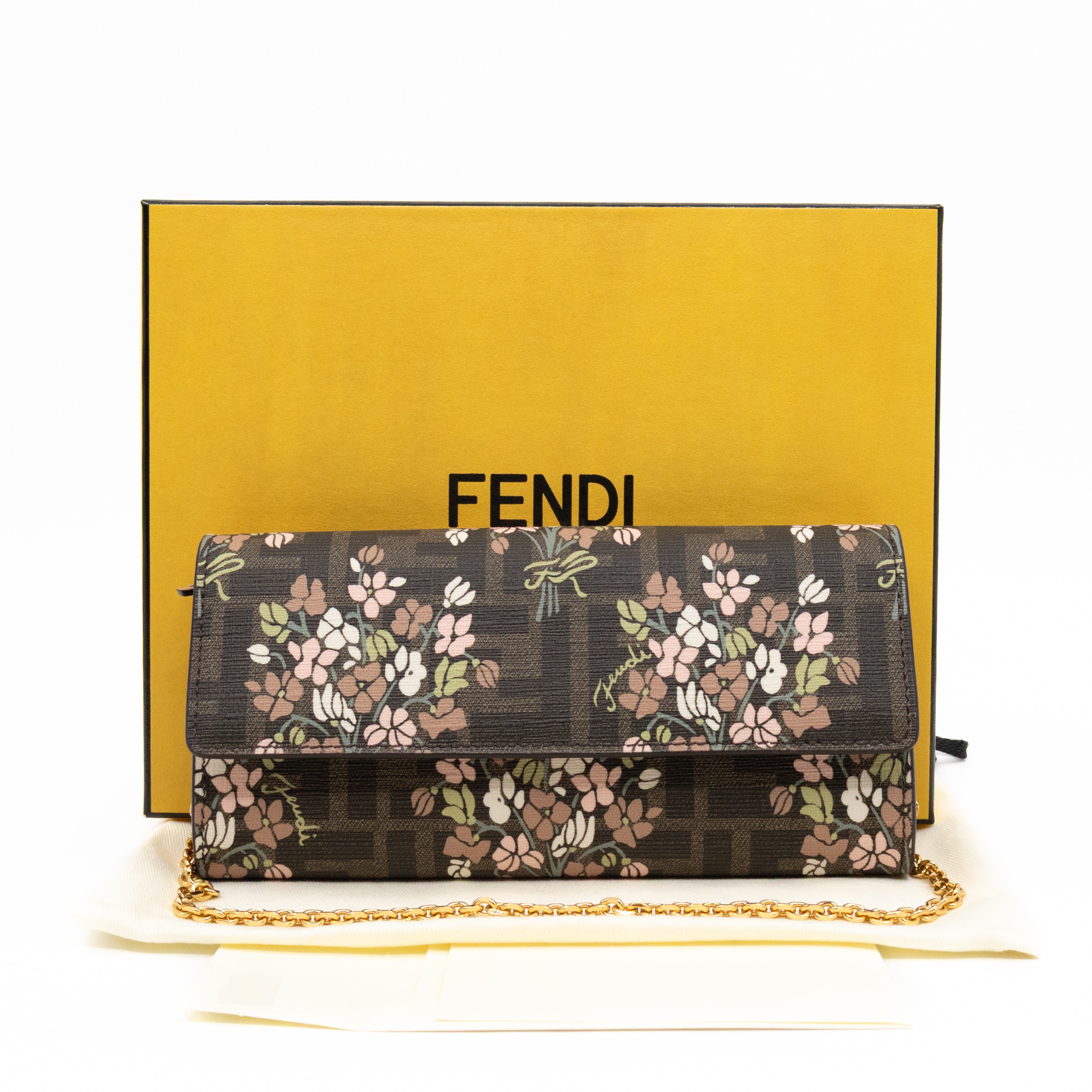 Roma Continental Wallet on Chain Floral FF Brown Canvas