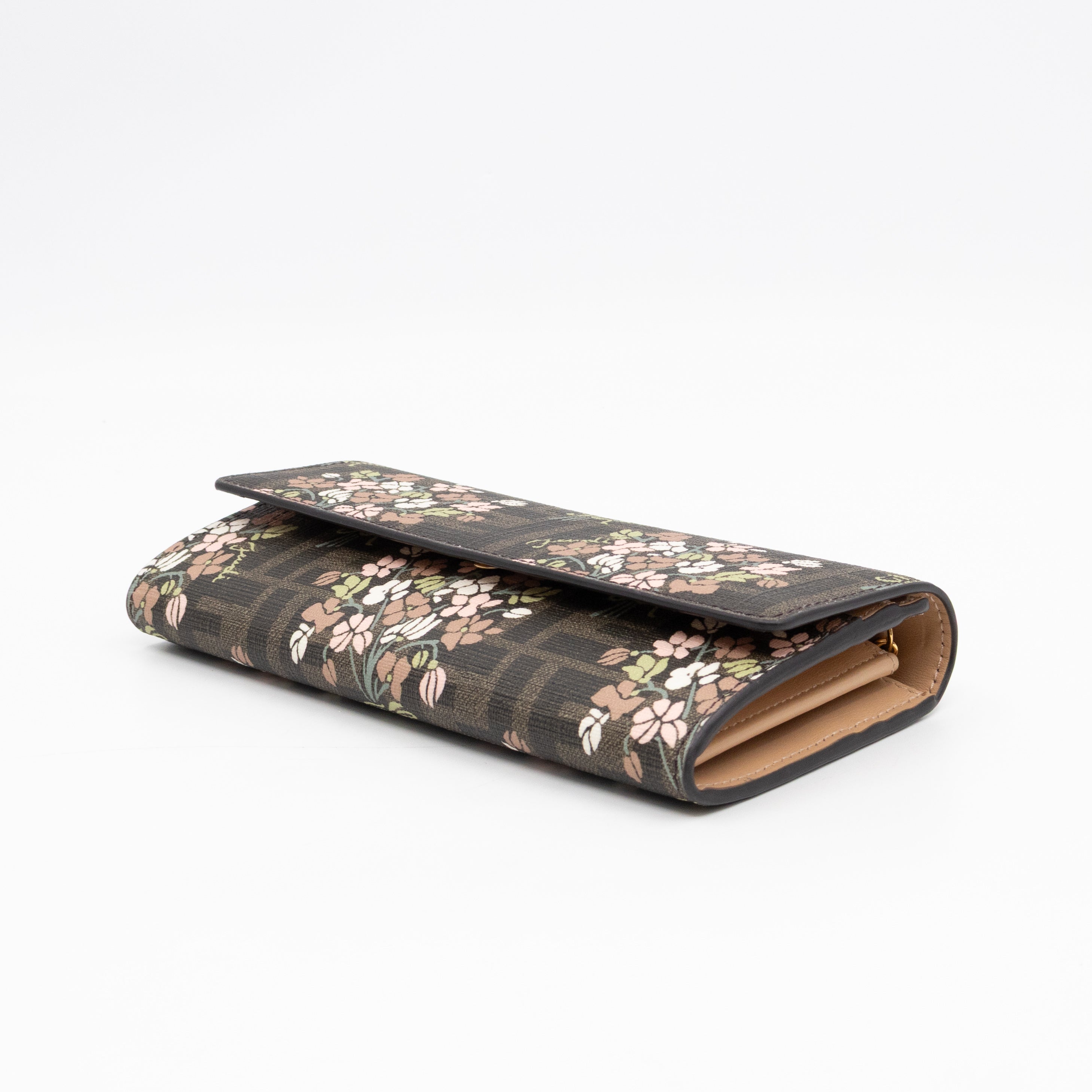Roma Continental Wallet on Chain Floral FF Brown Canvas