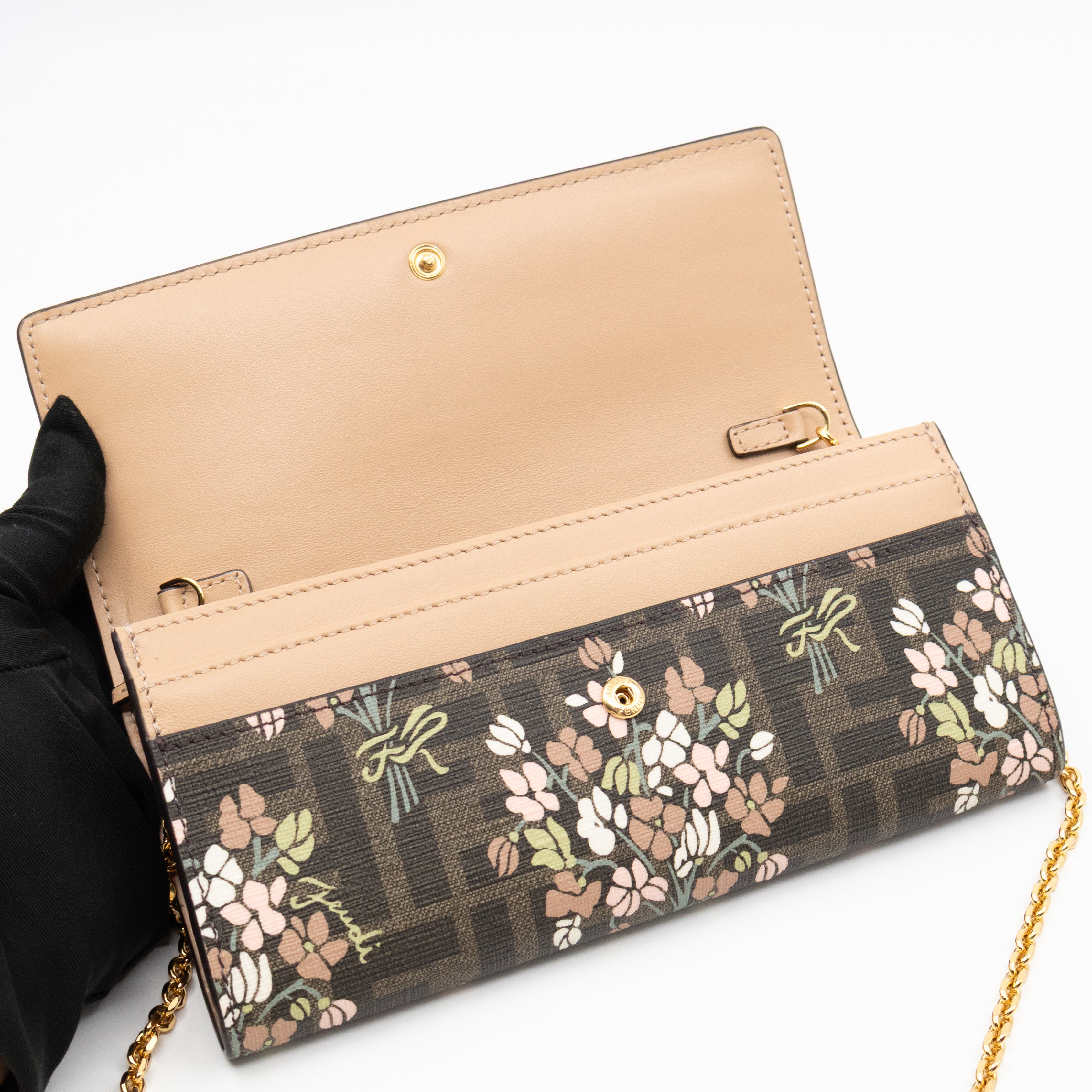 Roma Continental Wallet on Chain Floral FF Brown Canvas