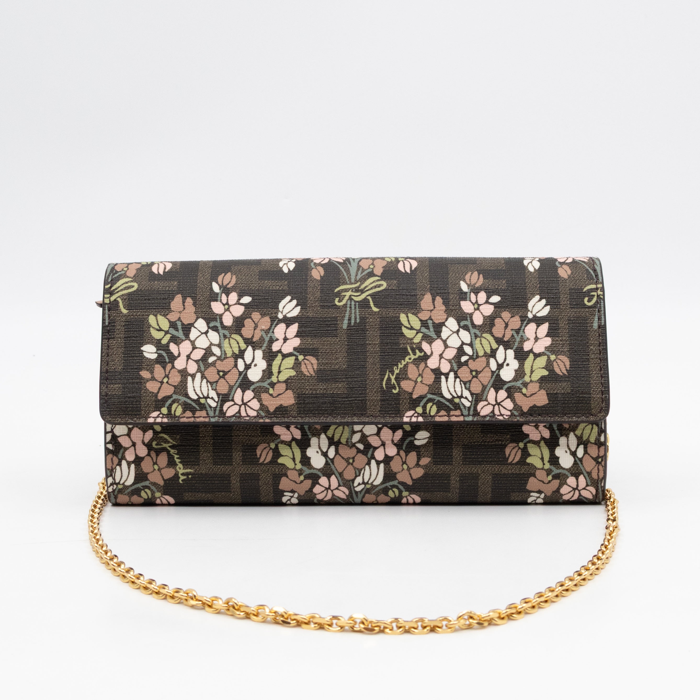 Roma Continental Wallet on Chain Floral FF Brown Canvas