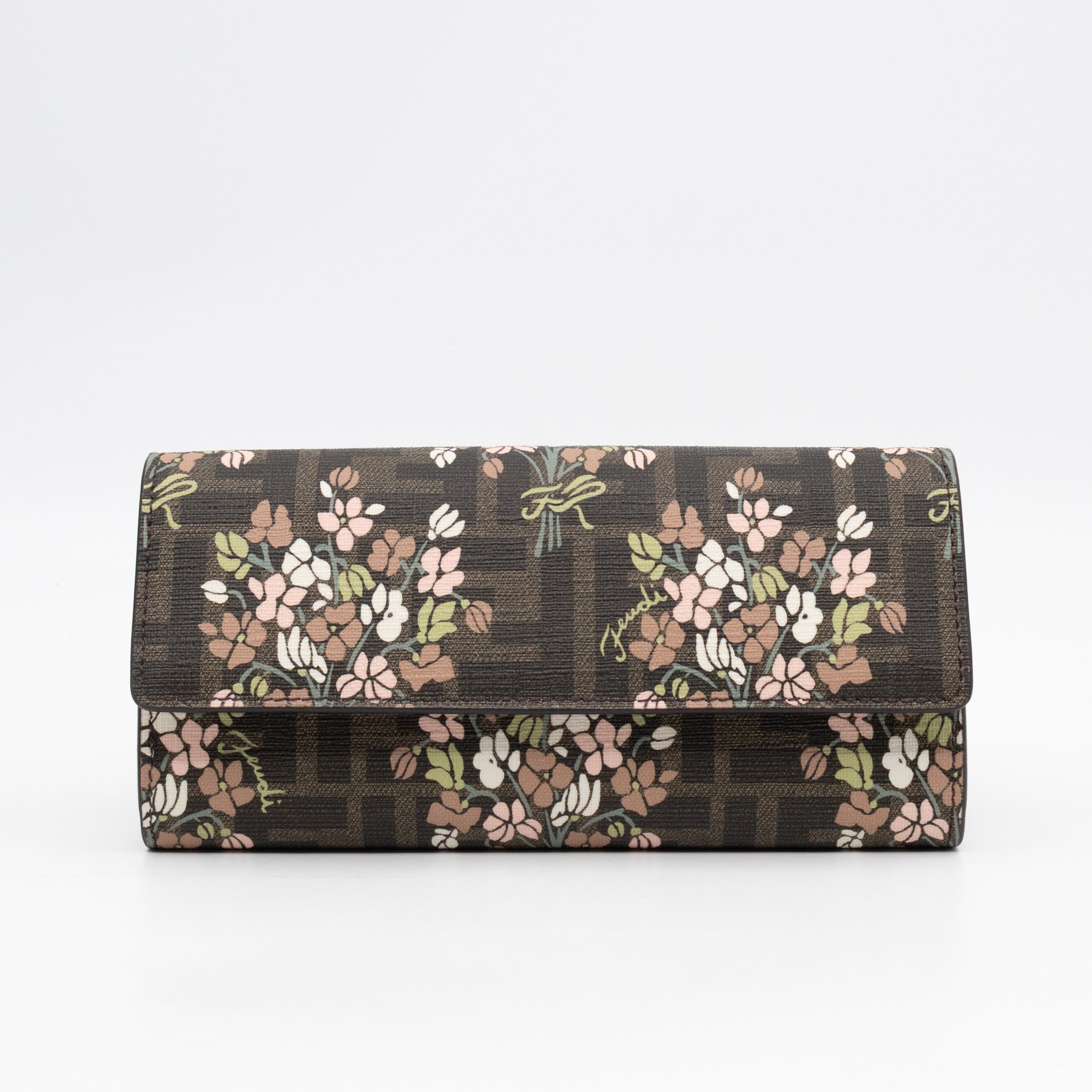 Roma Continental Wallet on Chain Floral FF Brown Canvas