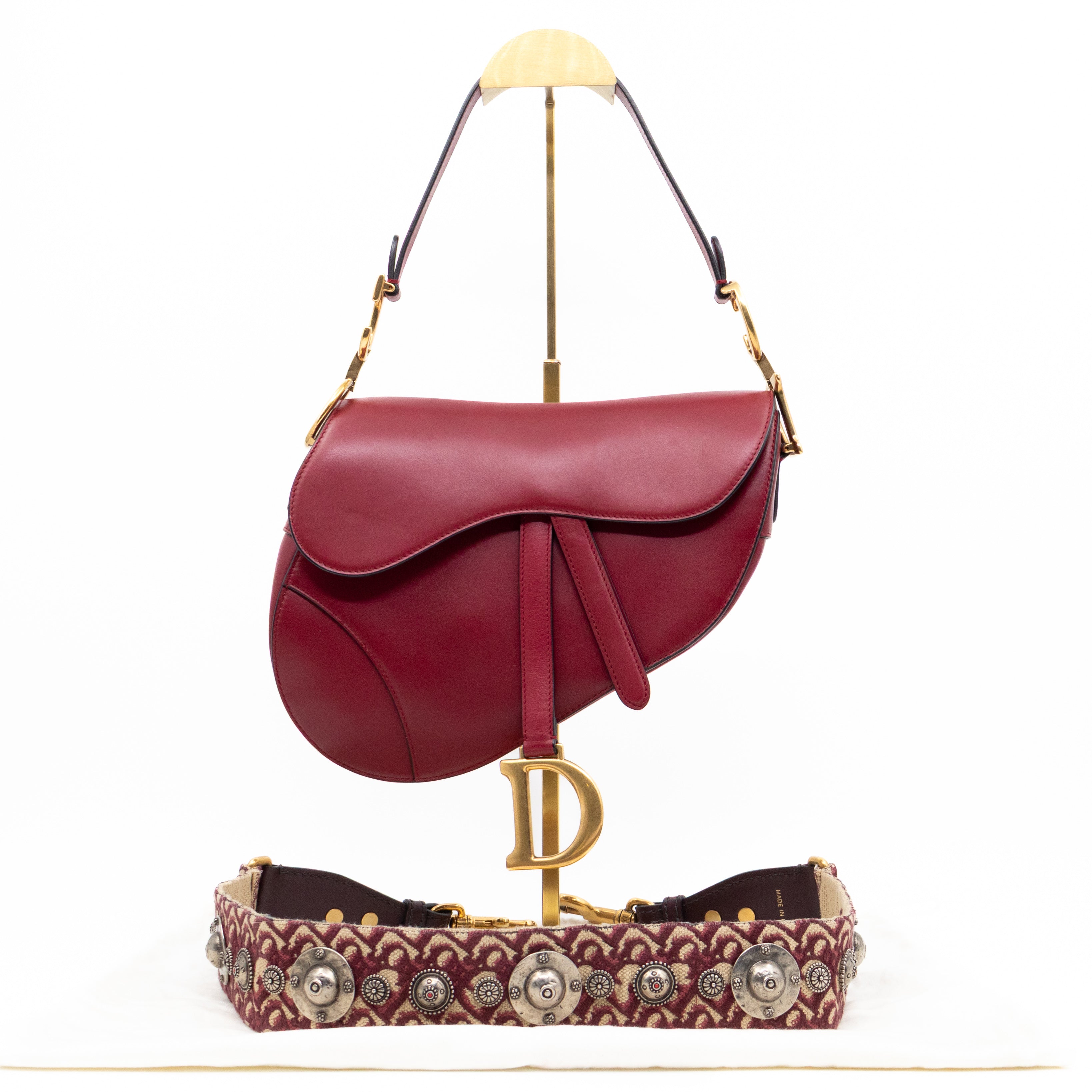 Saddle Bag Dior Red Leather with Embellished Shoulder Strap
