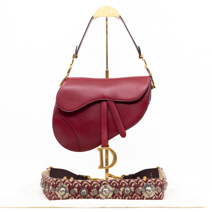 Saddle Bag Dior Red Leather with Embellished Shoulder Strap