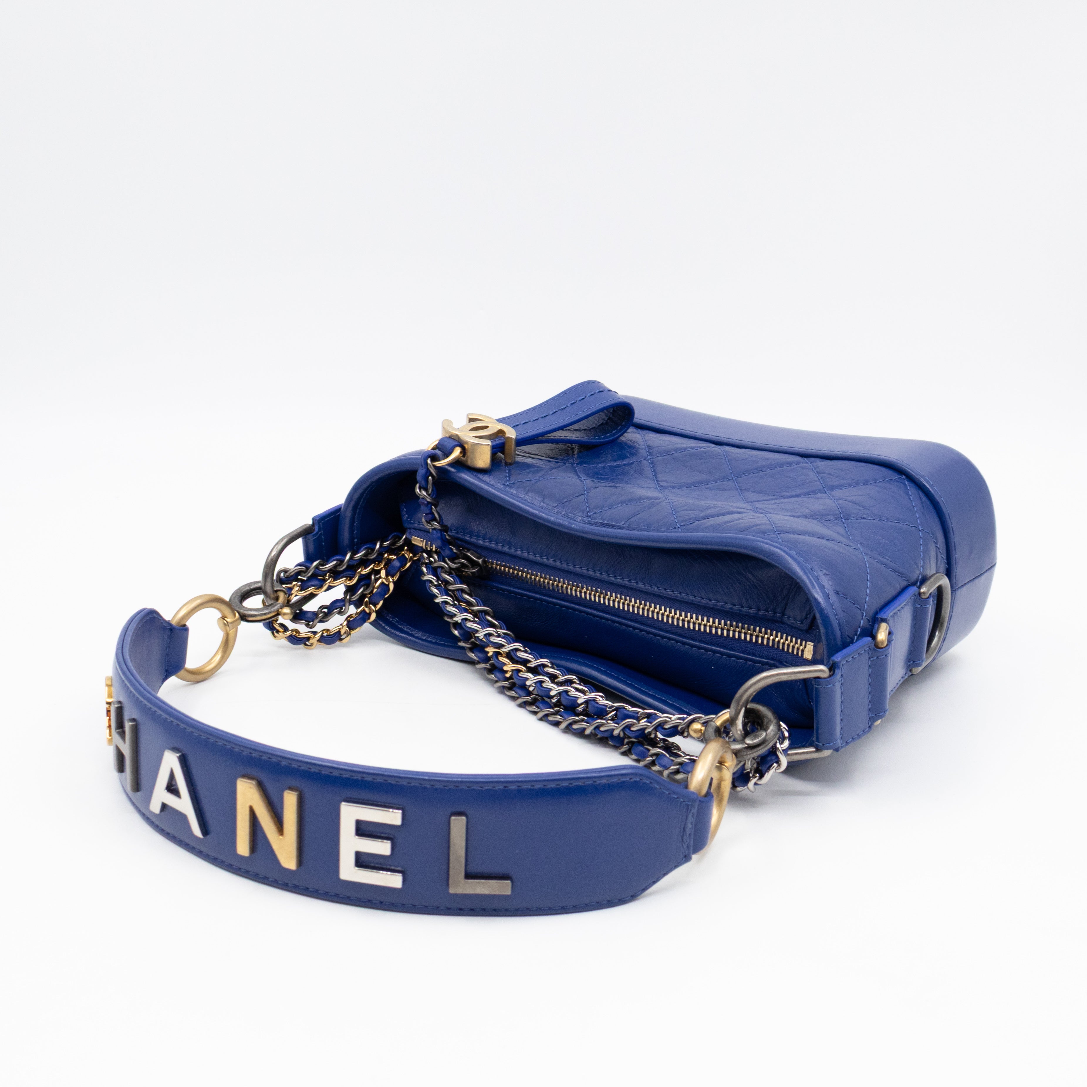 Gabrielle Hobo Small with Logo Handle Dark Blue Leather