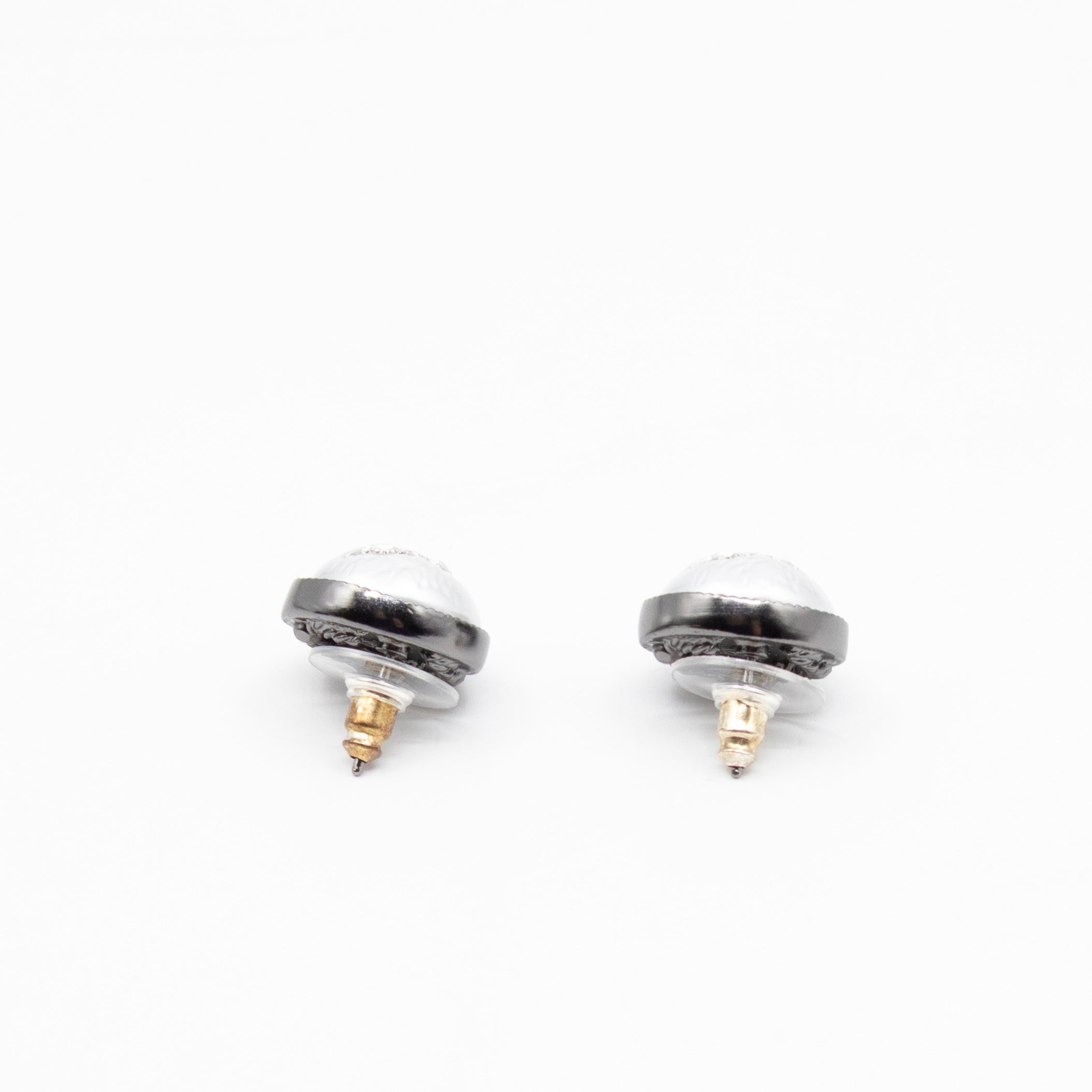 CC Crystal Pearl Button Earrings Aged Silver