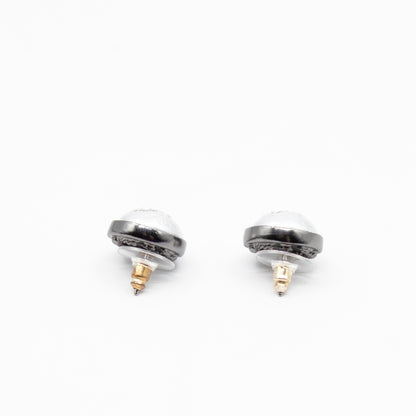CC Crystal Pearl Button Earrings Aged Silver
