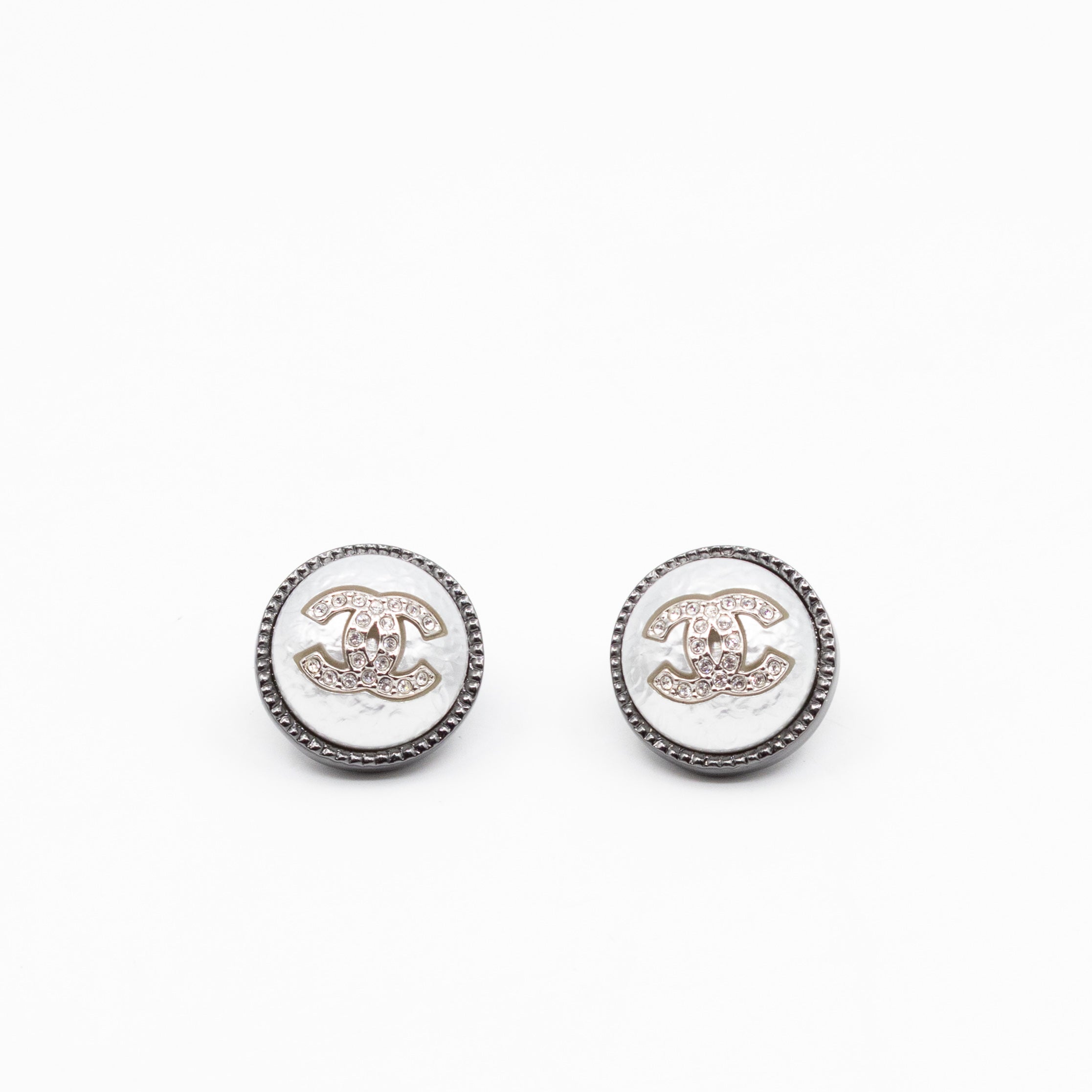 CC Crystal Pearl Button Earrings Aged Silver