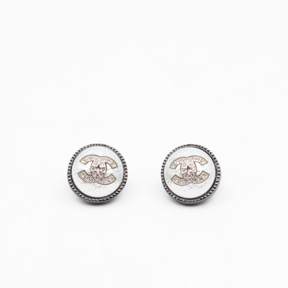 CC Crystal Pearl Button Earrings Aged Silver