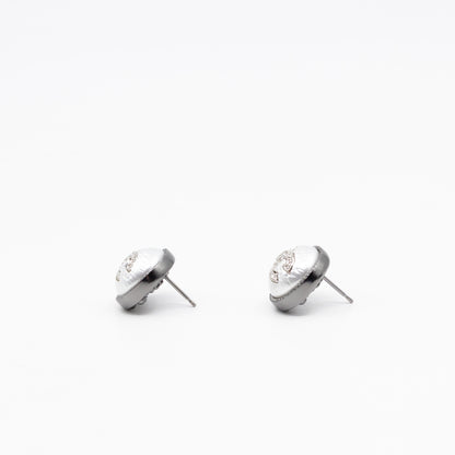 CC Crystal Pearl Button Earrings Aged Silver