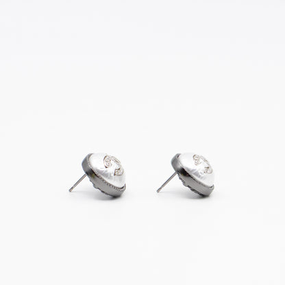 CC Crystal Pearl Button Earrings Aged Silver
