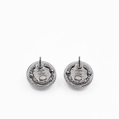 CC Crystal Pearl Button Earrings Aged Silver