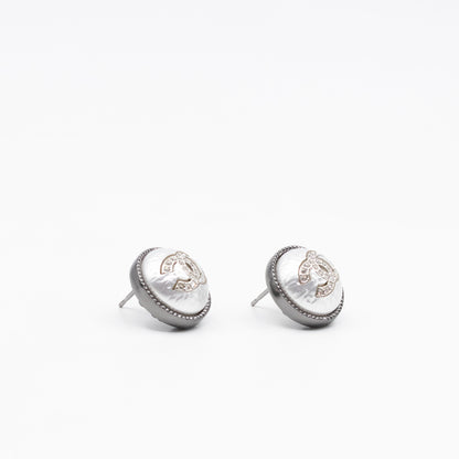 CC Crystal Pearl Button Earrings Aged Silver