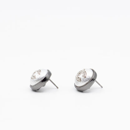 CC Crystal Pearl Button Earrings Aged Silver