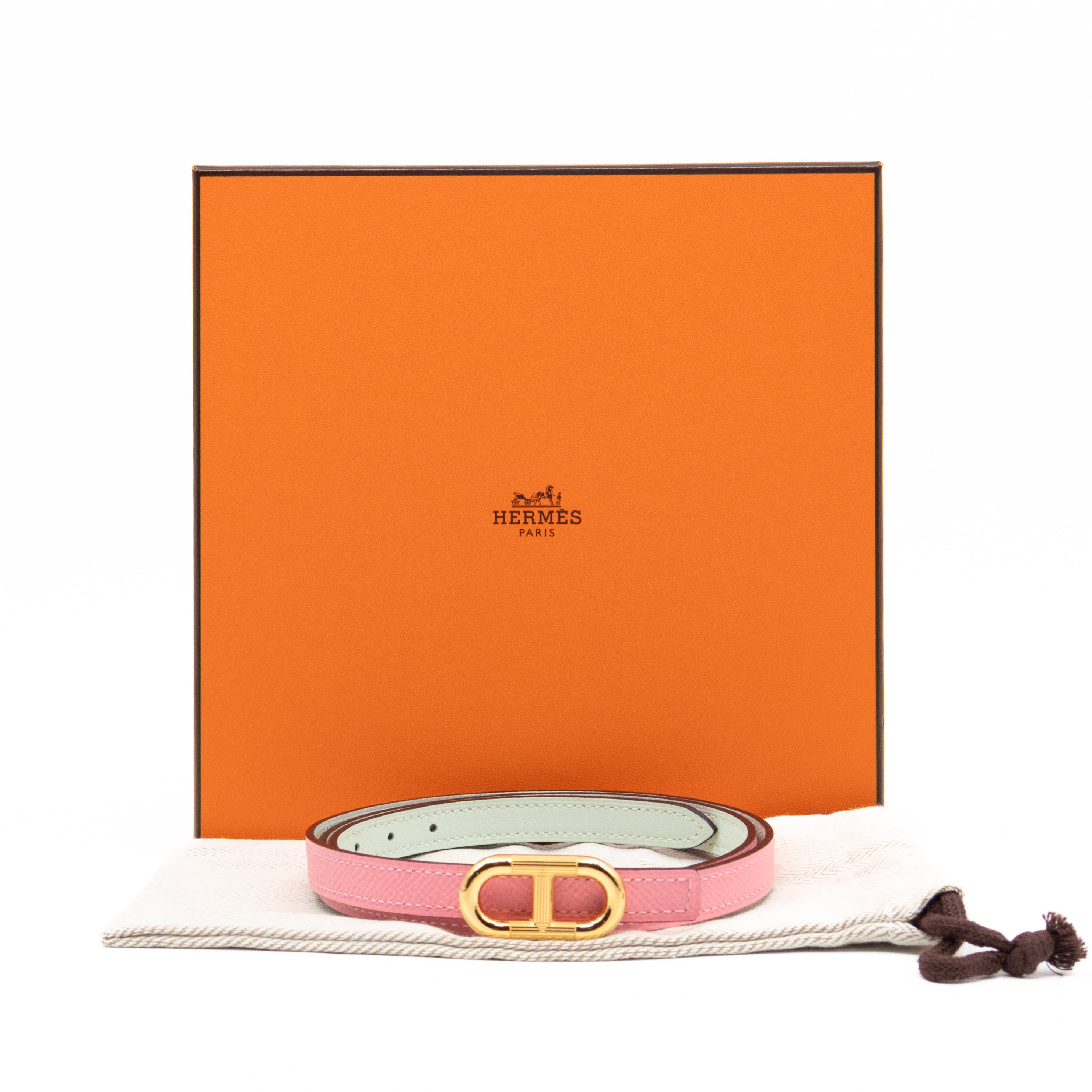 Maillon H Buckle & Reversible Vert Peppermint and Rose Confetti Leather Belt 85 cm