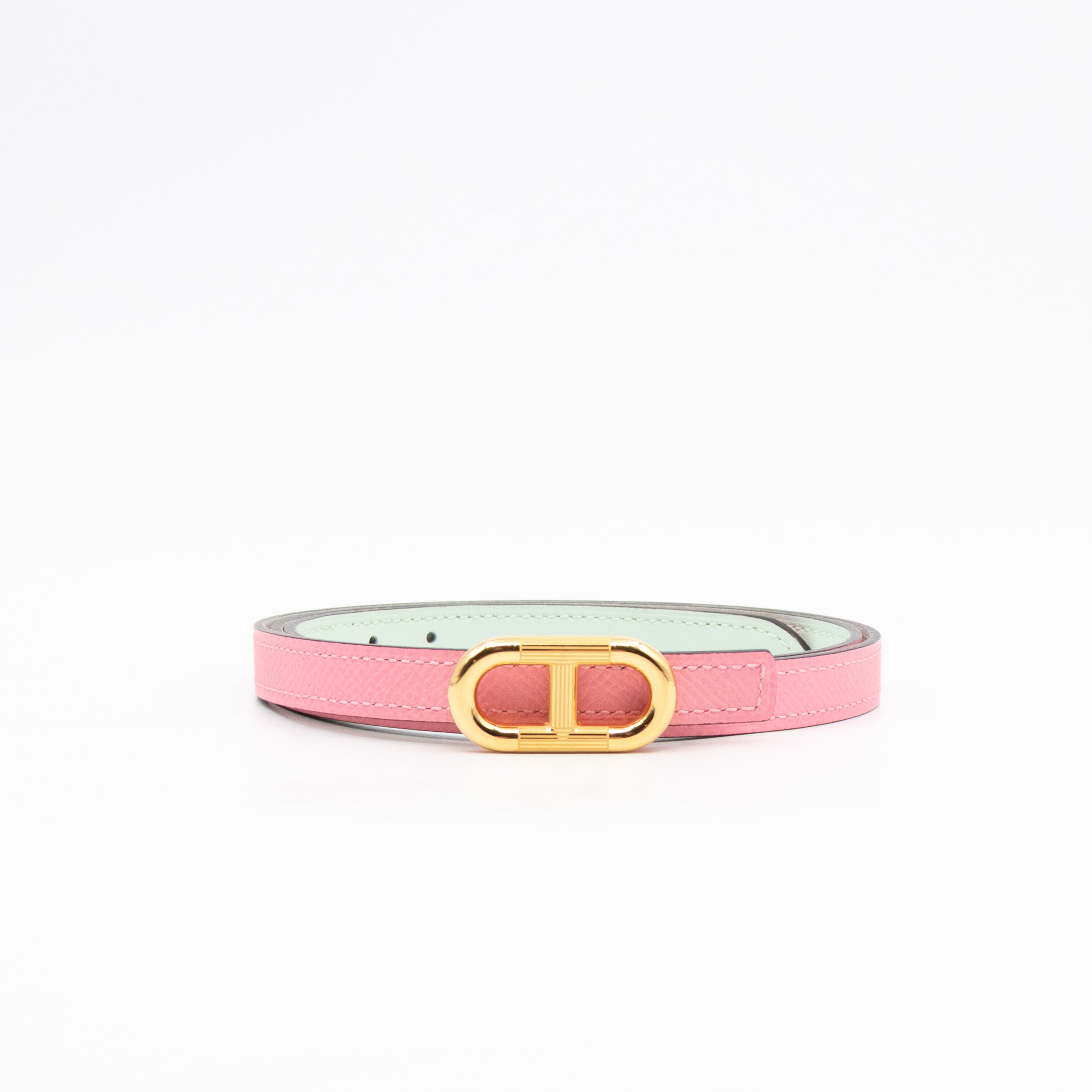 Maillon H Buckle & Reversible Vert Peppermint and Rose Confetti Leather Belt 85 cm